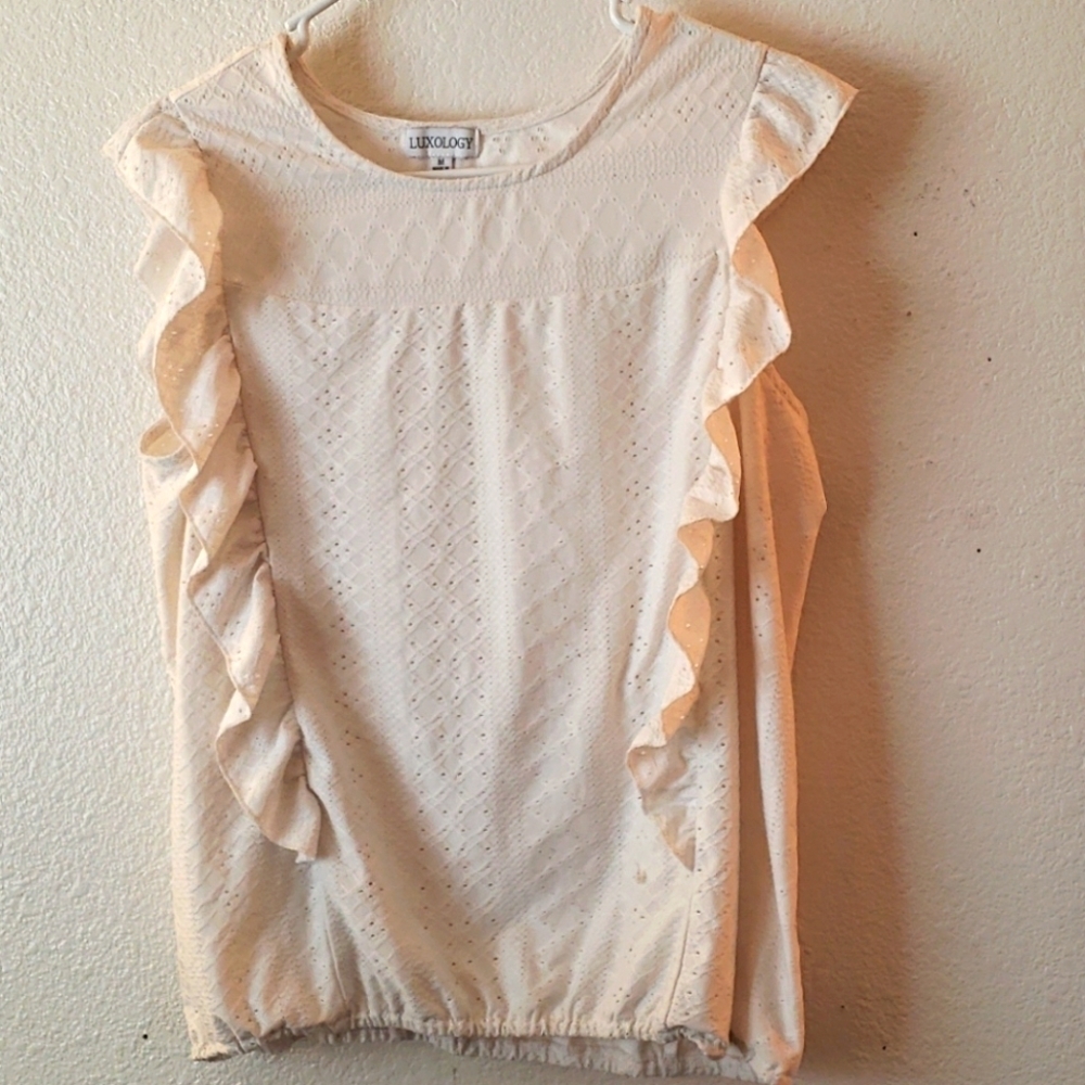 Luxology Cream Sleeveless Ruffled Knit Eyelet Top Size M